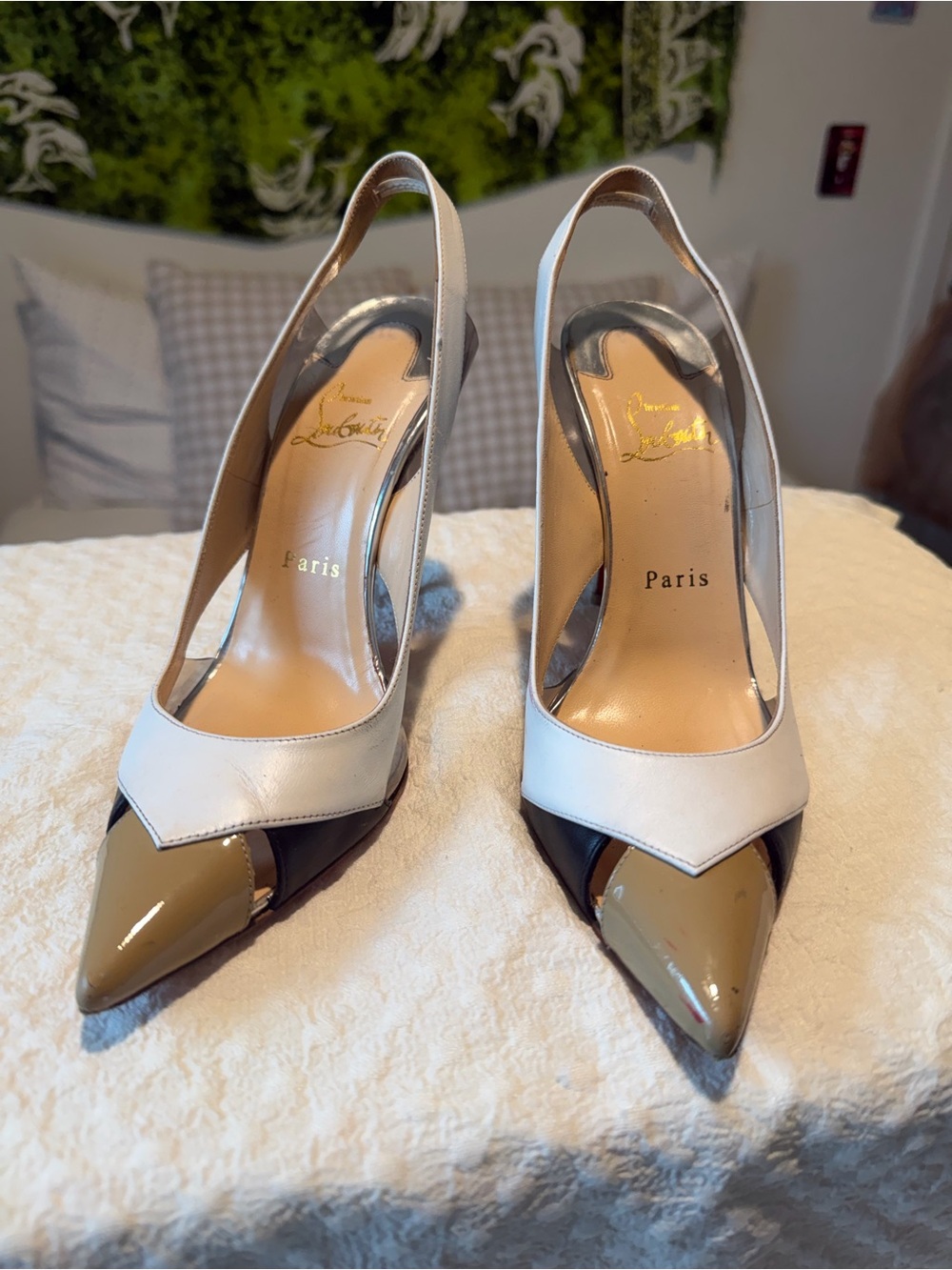 Christian Louboutin Tri-Color Pointed Slingback Pumps in Beige, Black & White